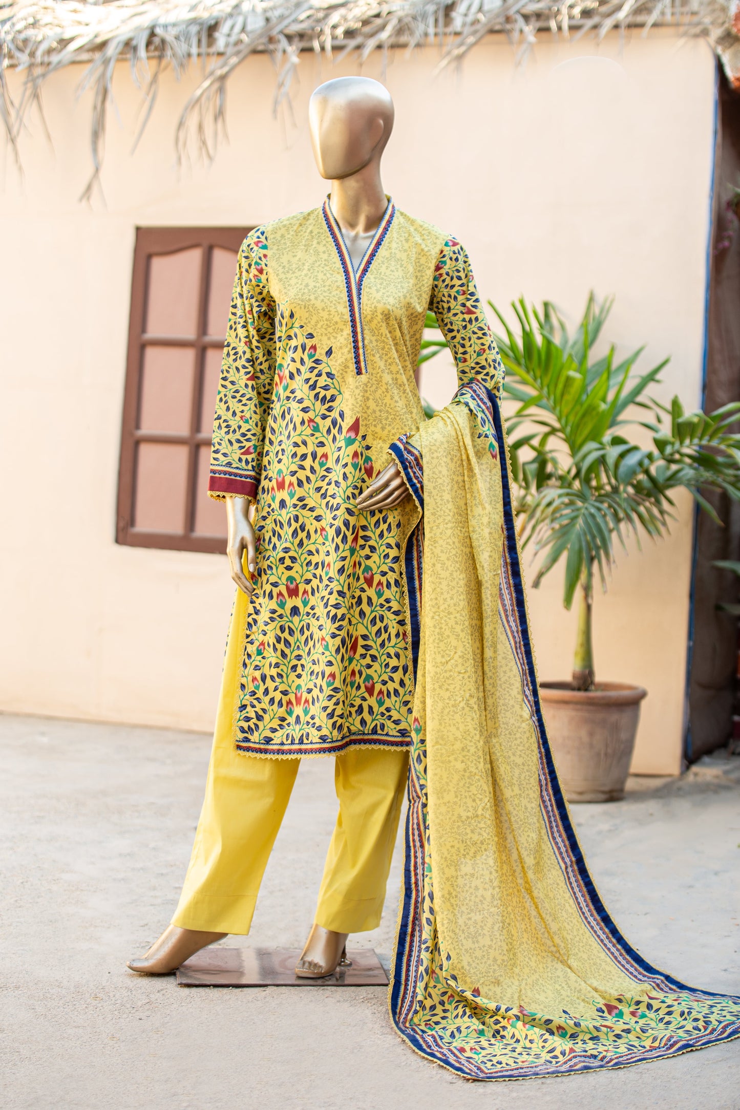 3 Piece Unstitched Printed Cotton Premier Lawn Suit With Printed Dupatta