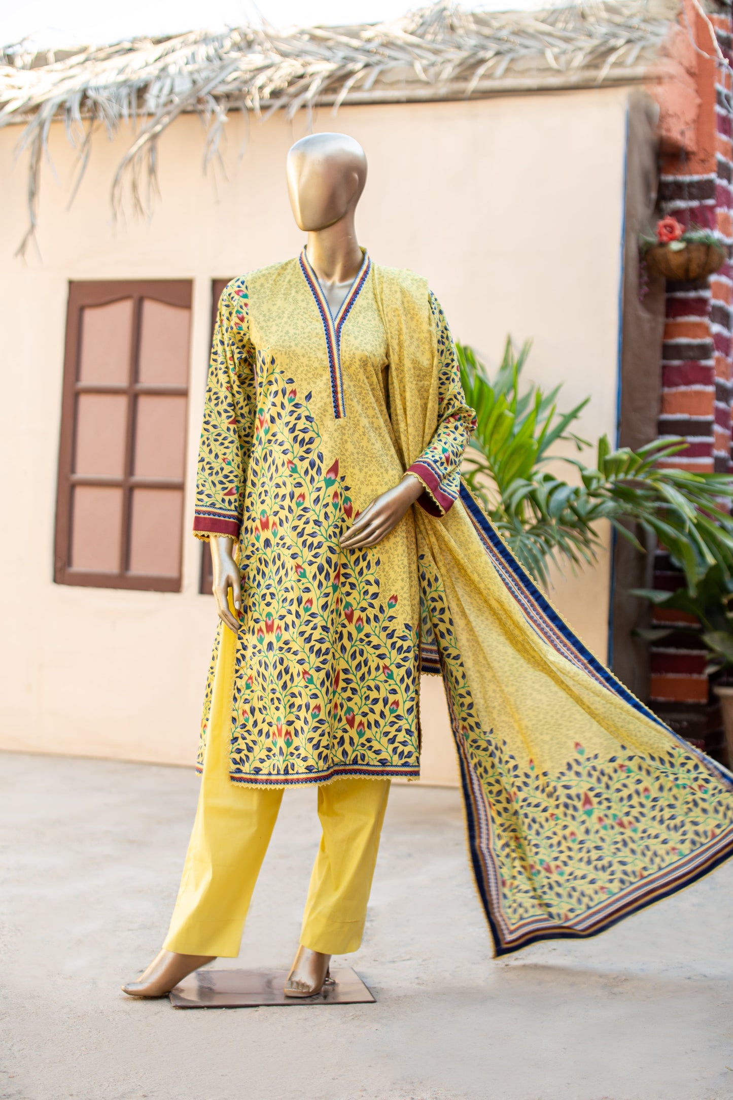 3 Piece Unstitched Printed Cotton Premier Lawn Suit With Printed Dupatta