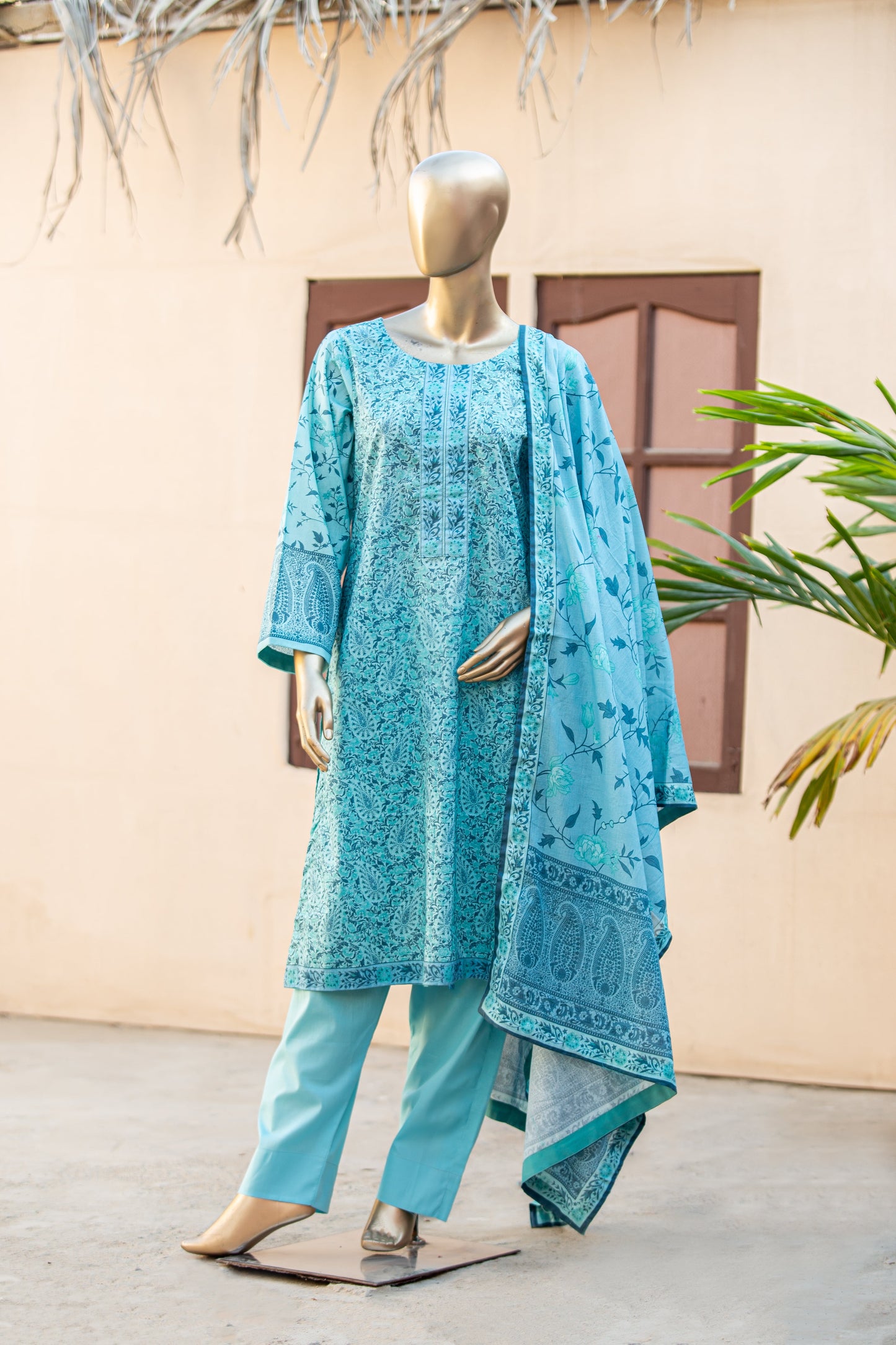 3 Piece Unstitched Printed Cotton Premier Lawn Suit With Printed Dupatta